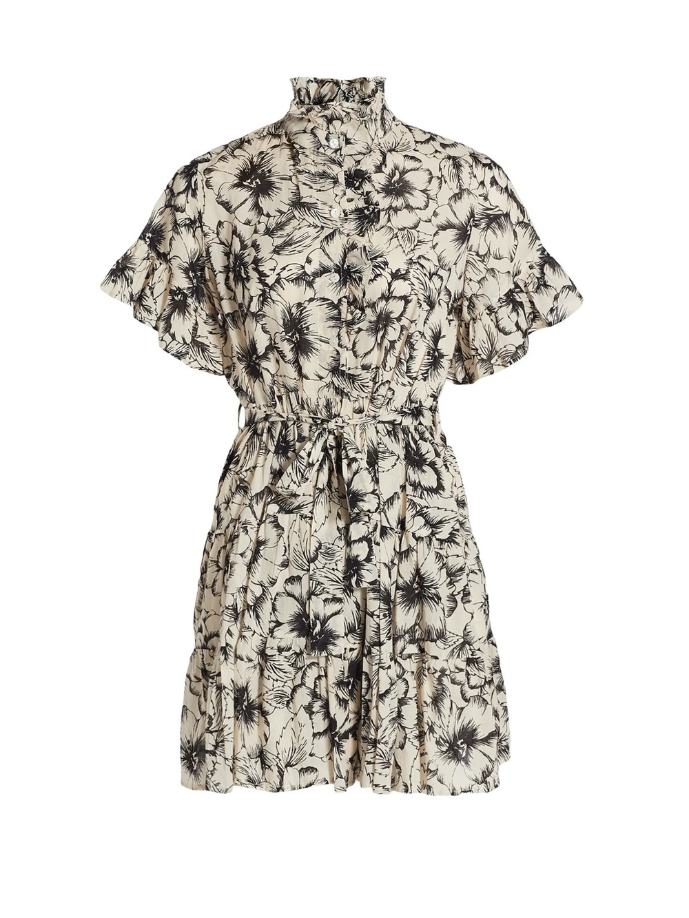 MILLE Violetta Flora Minidress in Sand and Black Hibiscus Floral